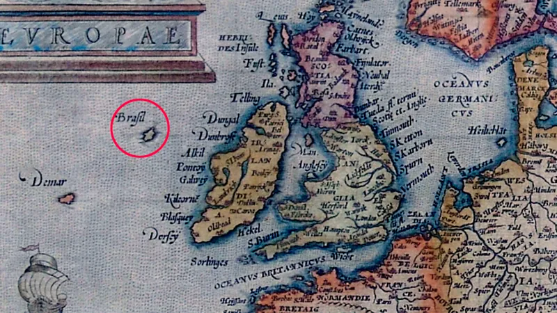 Abraham Ortelius' map of Europe from 1595, showing an island which doesn't exist.