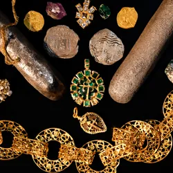 Gold, jewelry, and coins found near the shipwreck of the Nuestra Señora de las Maravillas in the Bahamas.
