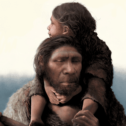 An ullustration of a Neanderthal father and daughter on his shoulders 