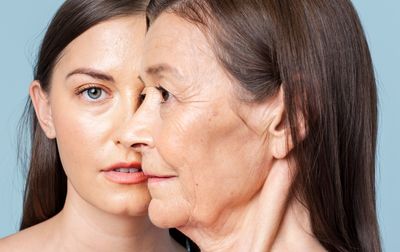 A young woman's face next to an older woman's face on a blue background.