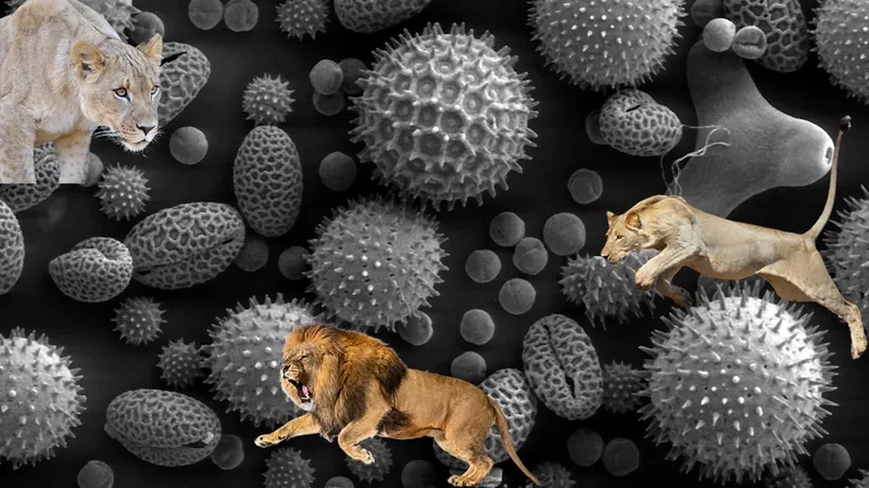 an image of microbes under the microscope is overlaid with pouncing lions.