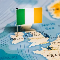A map of western Europe, with an Ireland flag poking out of Ireland.