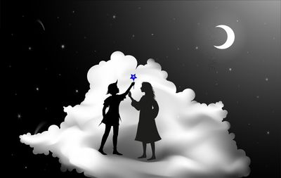 Peter Pan and Wendy silhouettes standing on a cloud at night