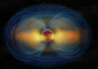an artist impression of a brown dwarf looking a bit like jupiter that has bright aurorae on its north pole magnetic line visible going from one pole to the other and bright yellow radiation belts.