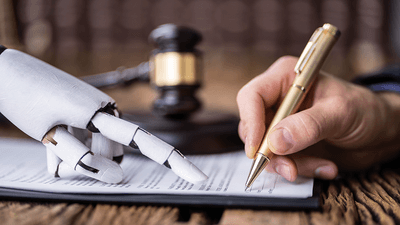A robot helping a person to sign a legal document.