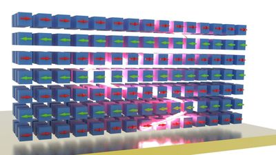 Excitons are represented as cubes with arrows (green left and red right) depending on where their magnetic field points. A luminous strip representing light is seen moving through the cubes.