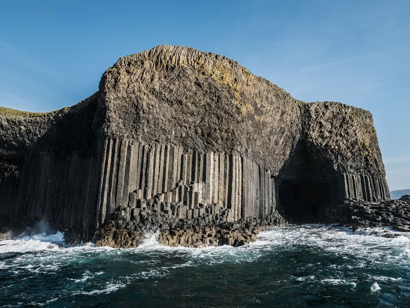 Unusual “columnar jointing" geology outside Fingal's Cave, Isle of Staffa in Scotland
