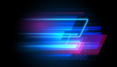 concept image of fluorescent blue and red lines depicting fast motion on a black background