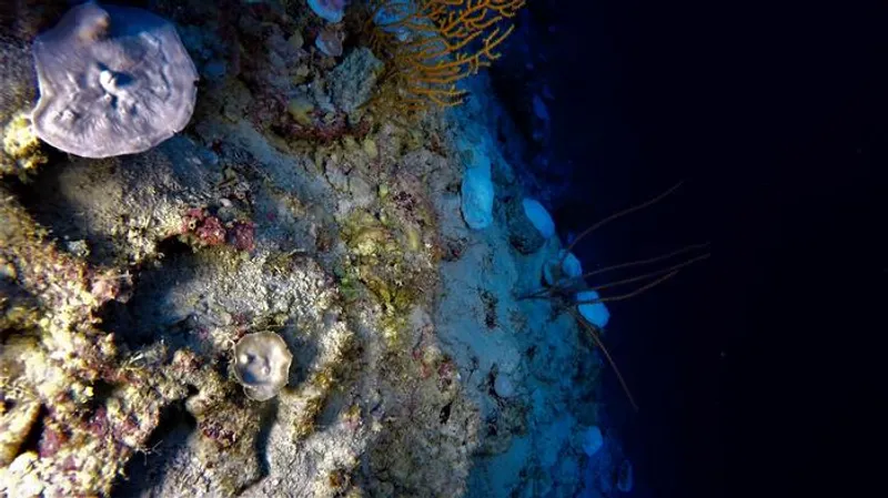 A section of bleached coral reef, nearly pitch-black water in the background.