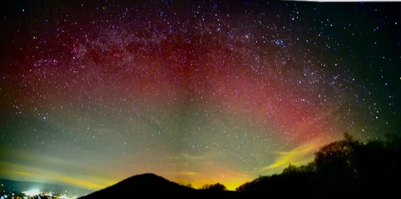 Two-photo composite capturing a Stable Aurora Red (SAR) Arc over Shenandoah National Park.
