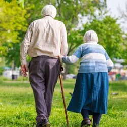 Elderly couple walking in a park