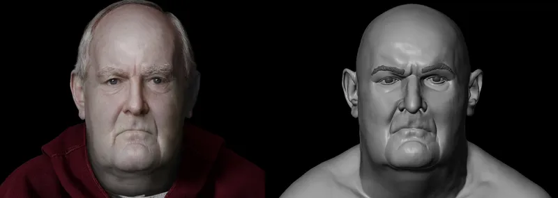 colorized reconstruction and 3D scan of the face of Bishop Walter of Whithorn, an elderly white man with balding head
