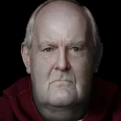 colorized reconstruction and 3D scan of the face of Bishop Walter of Whithorn, an elderly white man with balding head