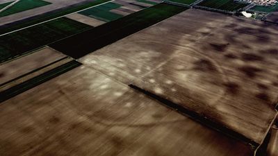 An aerial photo of one of the circular formations under the landscape, showing impressions of circular sites superimposed on brown and green fields