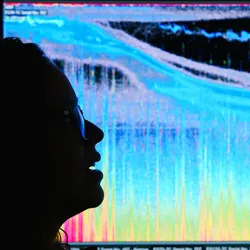 Beatriz Naranjo (Scientist, Universidad de Costa Rica) is silhouetted against colorful data displayed on the screen onboard the research vessel Falkor (too)