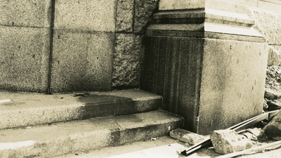 A shadow resembling a person on steps at Hiroshima.