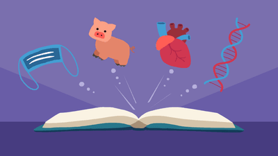 Demonstrating xenotransplantation, the image shows a science fiction book opening with a human heart, a pig, and a strand of DNA coming out of it