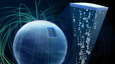 Artist impression of a neptune like planet where diamonds are falling into its deeper layer as seen in a slice and magnetic fields come out of the process