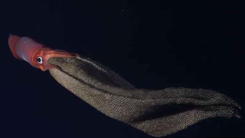 Orange squid with big eye swimming with an enormous grey mass of eggs held between her arms.