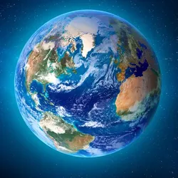 A digital image of the Earth seen from space. The centre of the planet is focused on the Atlantic. There are clouds scattered across the representation and the whole thing is floating in the blue/black void of space with white starts in the background.  