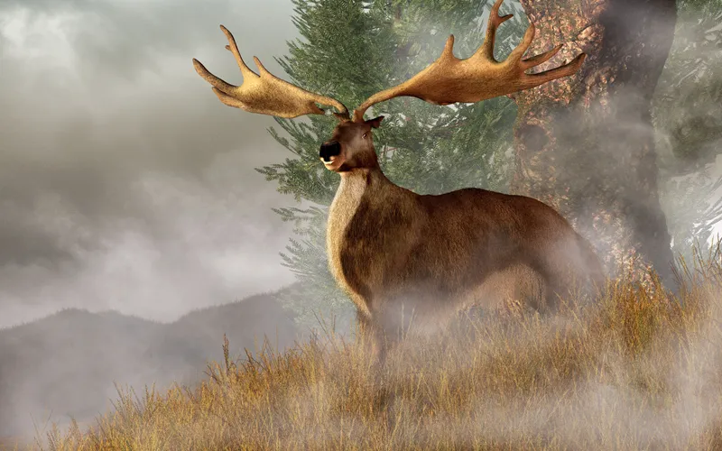 Illustration of an Irish elk standing on a hillside