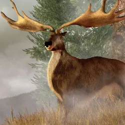 Illustration of an Irish elk standing on a hillside