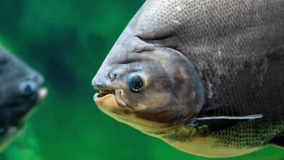 Big grey fish with teeth almost smiling at the camera. Weirdly human looking teeth inside the mouth of the fish.