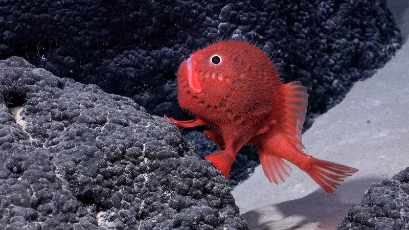 A red bone. Chaunax, a genus of bony fish in the sea toad family Chaunacidae, is seen at a depth of 1,388 meters (4,553 feet) on Seamount inside the Nazca-Desventuradas Marine Park. 