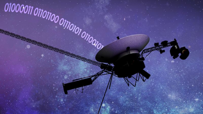 Artist impression of Voyager 1 with a string of binary code coming from it - it spells clue in binary.