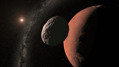 Artist render of a potato shape asteroid with Mars looking large behind it.