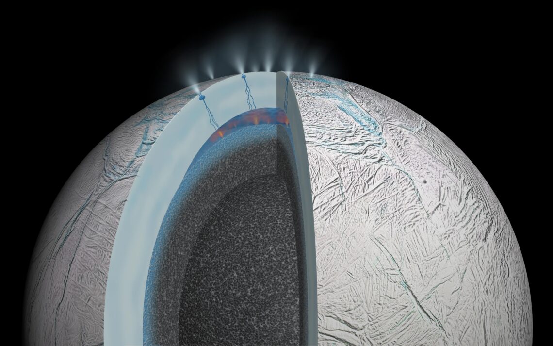 artist's depiction of encedladus, showing layers of the moon's crust and cracks through which plums can escape into space artist's depiction of encedladus, showing layers of the moon's crust and cracks through which plums can escape into space