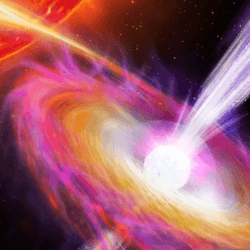 Artists' impression of a neutron star with accretion disk of material pulled off a companion and the jet it is emitting.