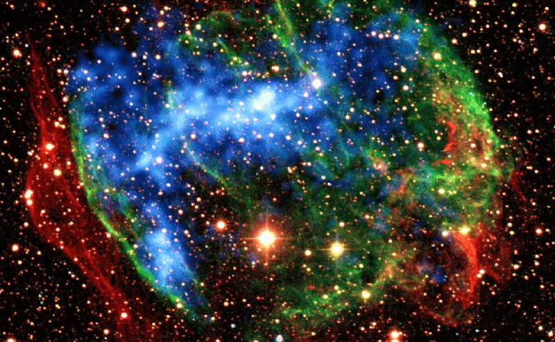 Supernovae produce remnants like W49B shown here by combining images from many parts of the spectrum, as these expand, they seed the galaxy with grains containing unusal isotope nucleii