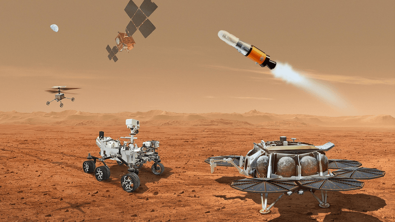 Artist's representation of the proposed, but postponed Mars Sample Return. The helicopter component at least is likely to be dropped.