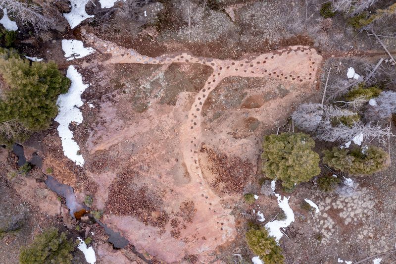 Aerial view of a fossilized dinosaur trackway known as the West Gold Hill Dinosaur Track site. 