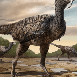 A large two-legged raptor dinosaur in the velocoraptor family, covered in feathers and nonchalantly chewing on some poor fluffy victim.