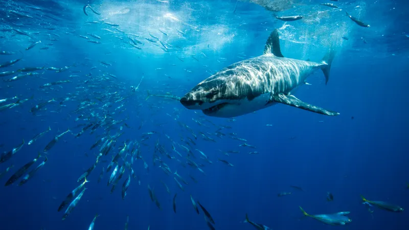 a great white in the ocean surrounded by fish