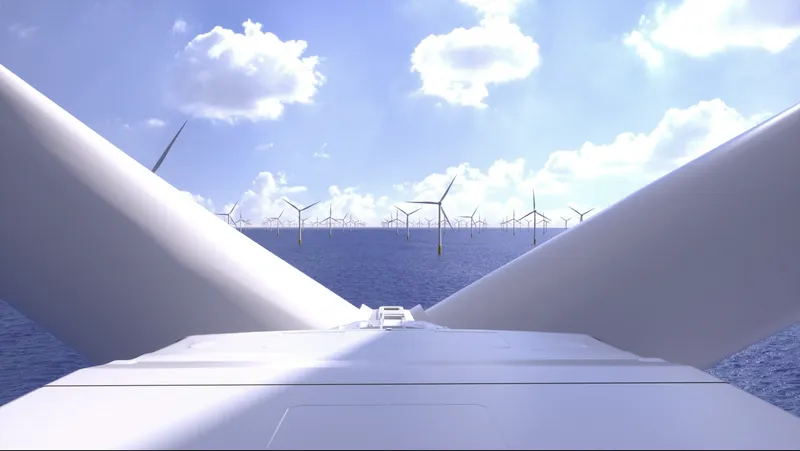A view of Dogger Land, the largest offshore windfarm in the world, found in the North Sea off the coast of the UK.