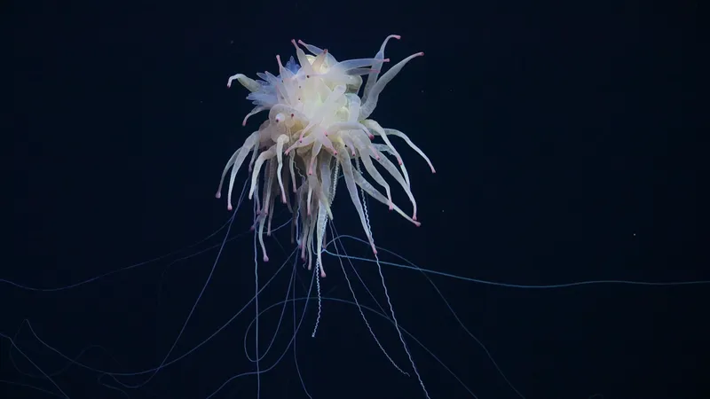 A rarely seen Bathyphysa conifera, commonly known as the flying spaghetti monster. It has ghostly white tendrils and logs of leg-like appendages.