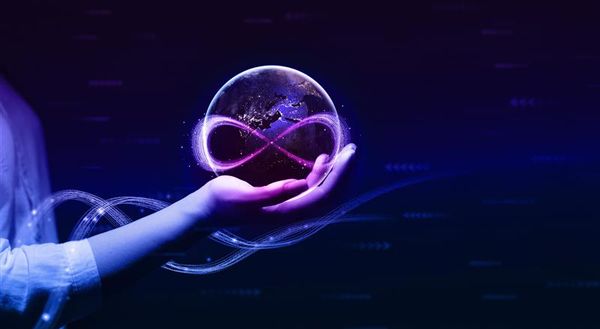 Illustration of a hand holding the Earth with an infinity symbol superimposed on top, in shades of blue and purple