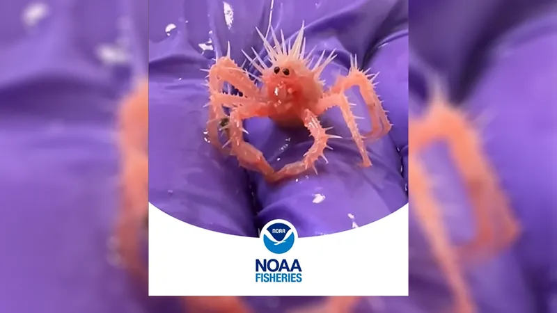 Very spike bright orange crab baby with a crazy hair do of spines and two black pinprick eyes. Sat on a purple gloved hand.