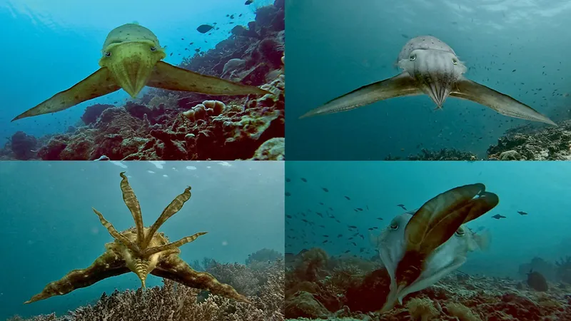 Four squares showing cuttlefish underwater on different camouflage strategies to attack prey