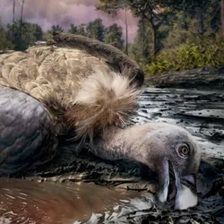 ‘The Doom of the Alban Hills’ a digital painting representing a possible scenario of the moments before the vulture carcass was entombed in the pyroclastic current. Next to a photo of the fossilized feather preserved with the volcanic rock.