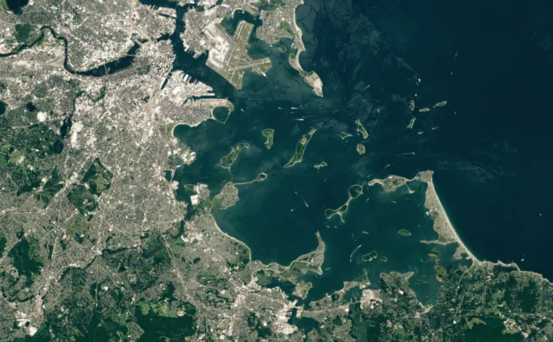 Satellite image of the drumlin islands in the Boston Harbor Islands National & State Park. 