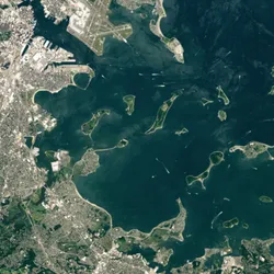 Satellite image of the drumlin islands in the Boston Harbor Islands National & State Park. 