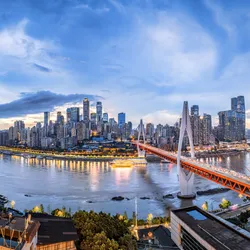 Aerial view of Chongqing skyline and river scenery in the early morning