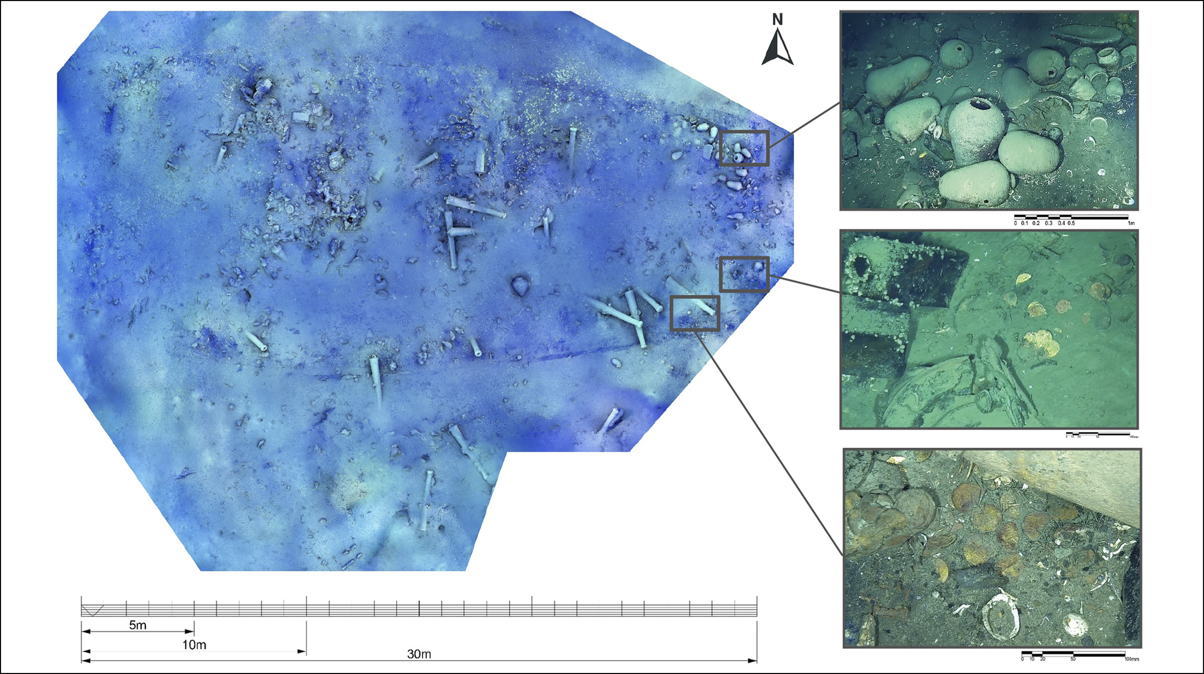 Three main areas of coins were discovered among the shipwreck, shown here.