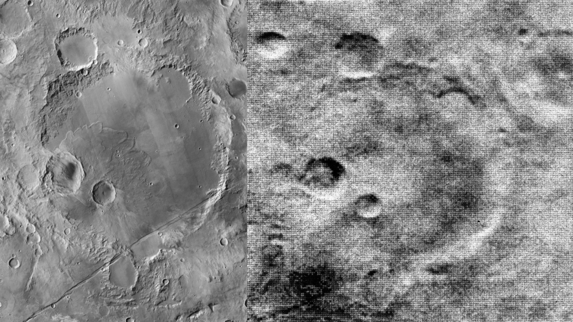 modern image of mars crater next to image taken by Mariner 4