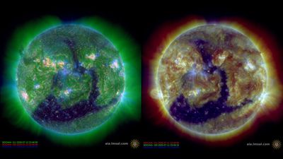 Two solar disk side by side, both showing a sark sinous patch in the middle, the coronal hole, and a small bug like structure at the edge.