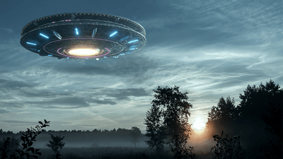 A UFO flying above the trees (illustration).